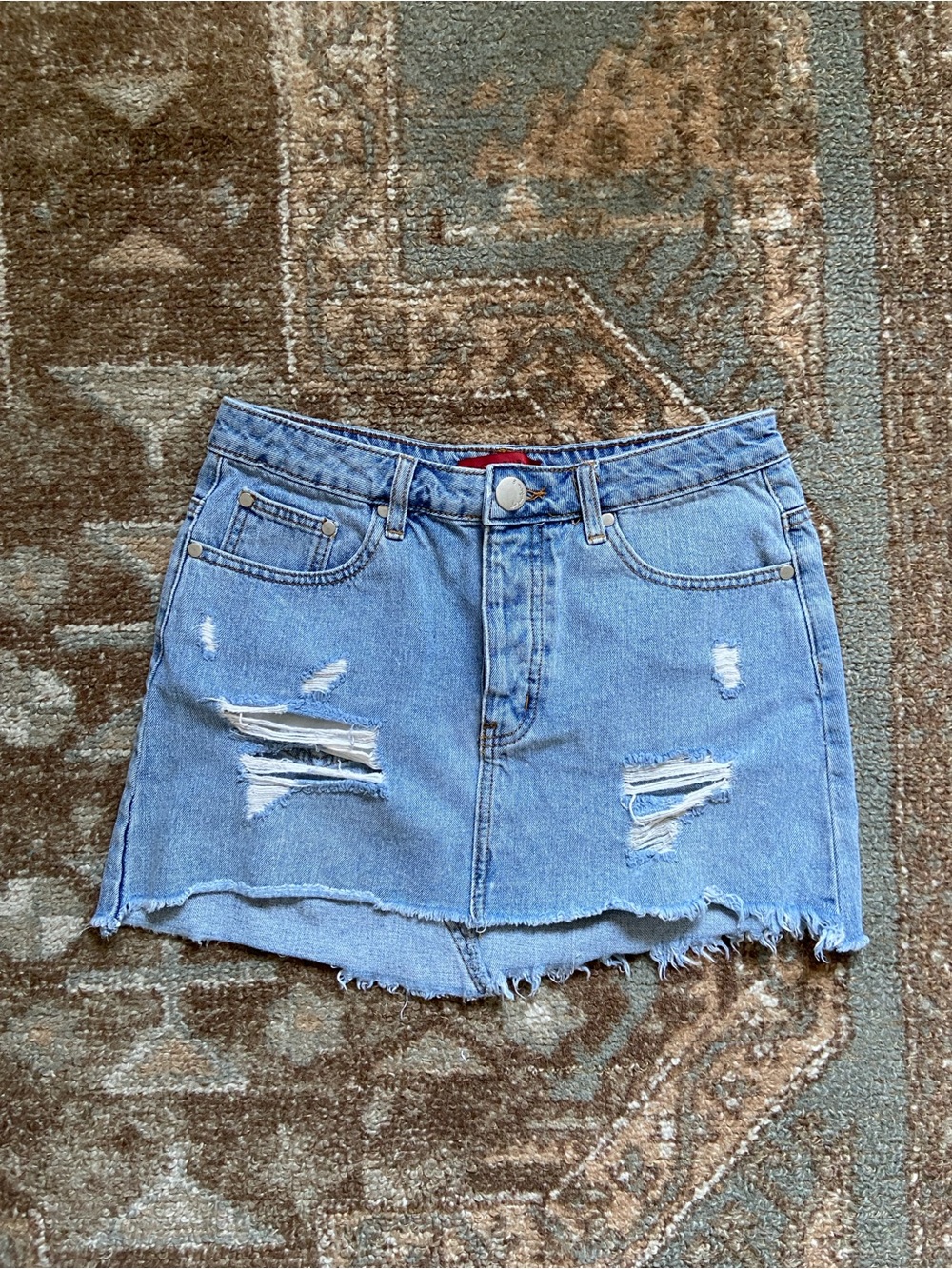 Light Blue Distressed Denim Mini Skirt - Women